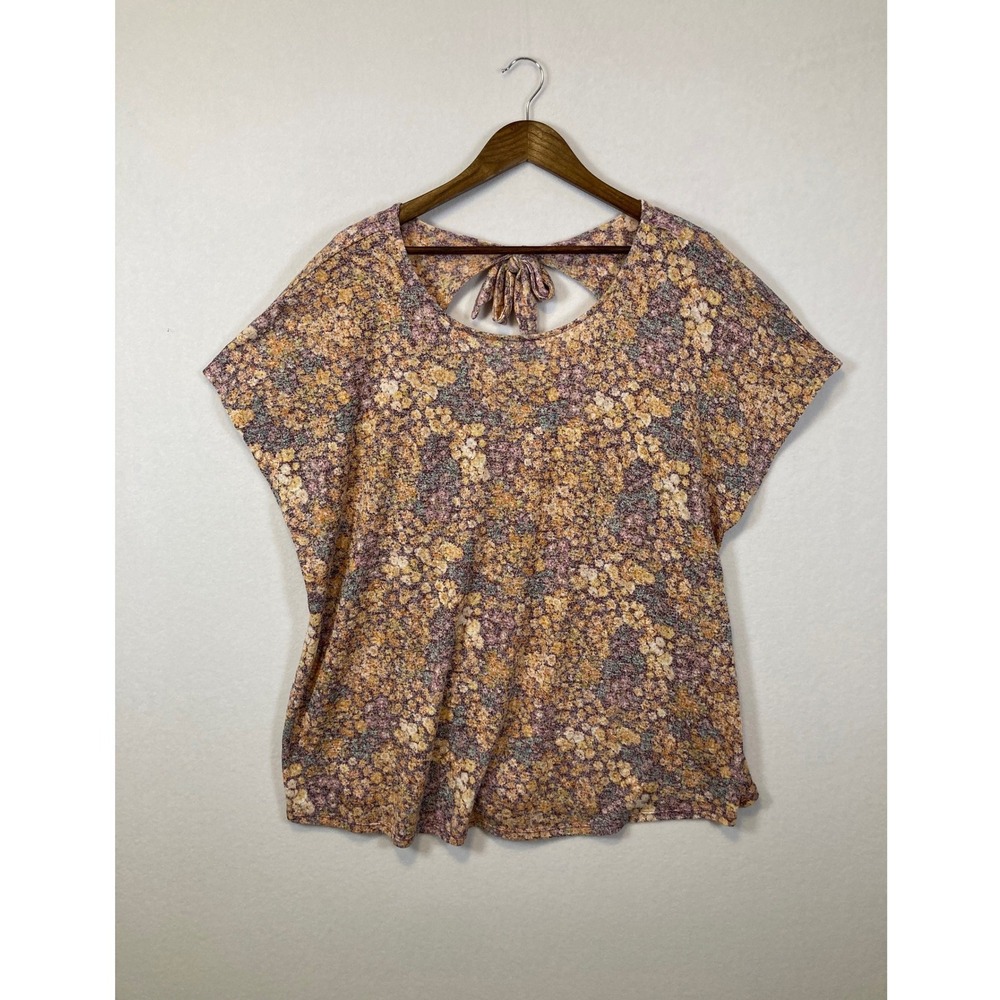 Cato Floral Knit Top Womens 22/24W Multicolor Boho Back‎ Tie Cutout Short Sleeve